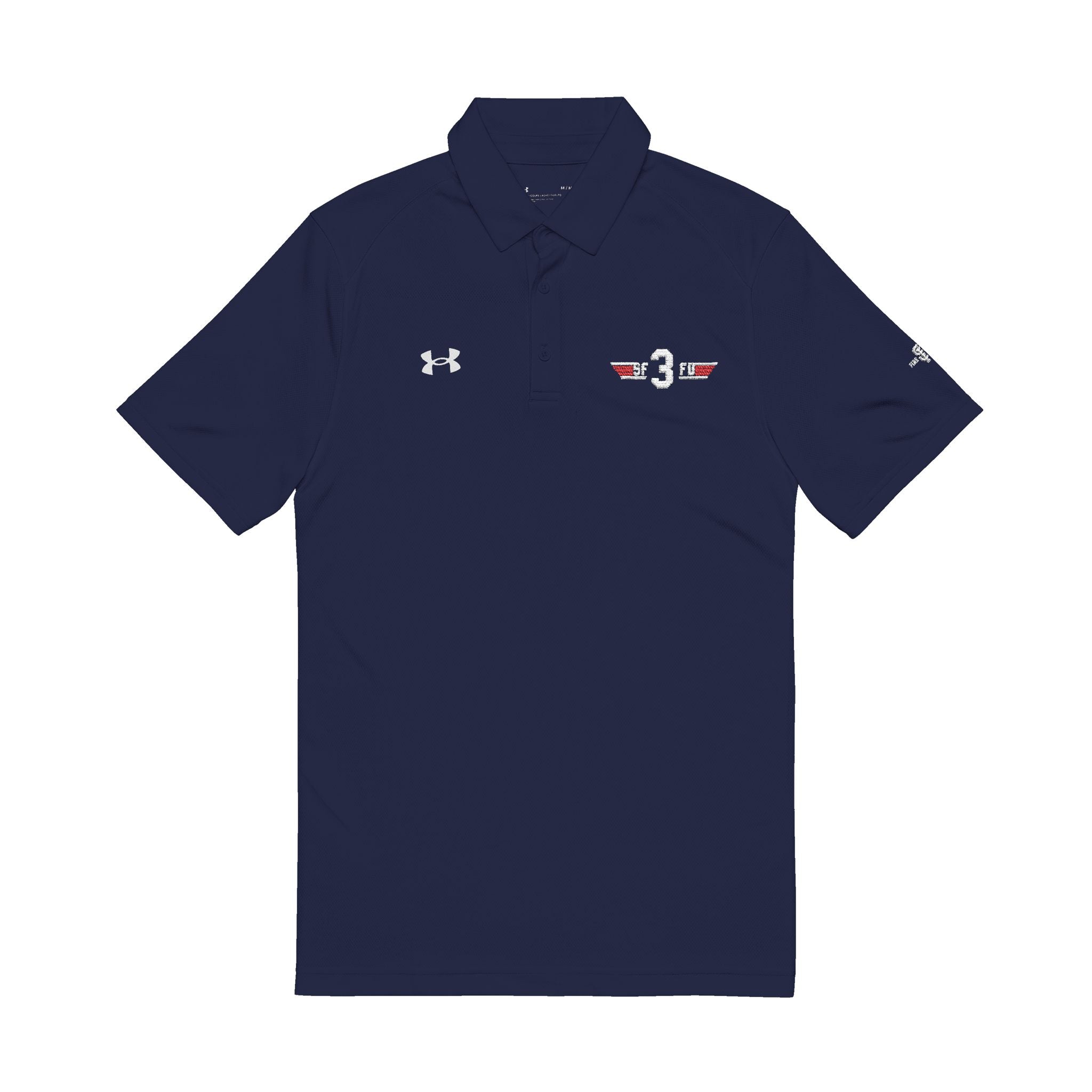 Embroidered Men's Navy Polo — '3' Flag Logo Performance Shirt